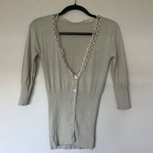 Beige Cardigan Long Sleeves with Lace Trim